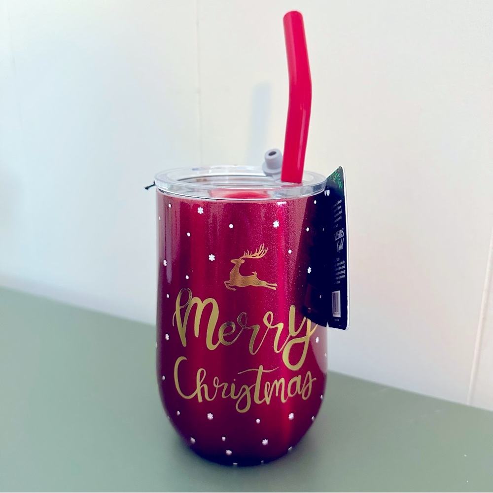 NWT New Merry Christmas Reindeer Red Gold Stainless Steel Tumbler Bottle